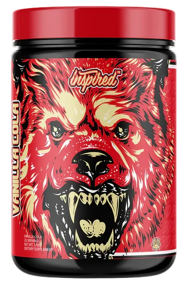 A container of Inspired Big Black DVST8 pre-workout supplement with a stylized bear illustration in vibrant colors.